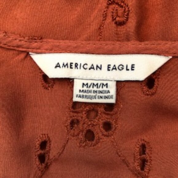 American Eagle Boho Eyelet Peplum Blouse Burnt Orange Medium Tassel Ties - Picture 7 of 9